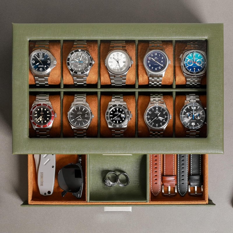ROTHWELL 10-Slot Watch Box in Leather with Valet Drawer, Luxury Watch Case Display Organizer with Ultra Soft Microsuede Liner, Jewelry and Sunglass Holder With Large Glass top (Green/Tan) - Image 3